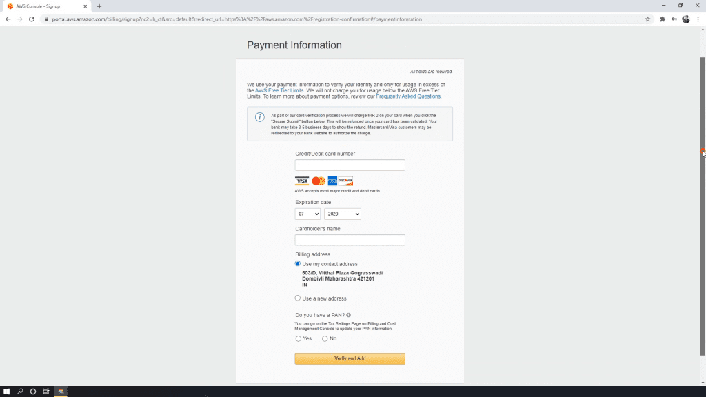 Adding payment info in AWS Account