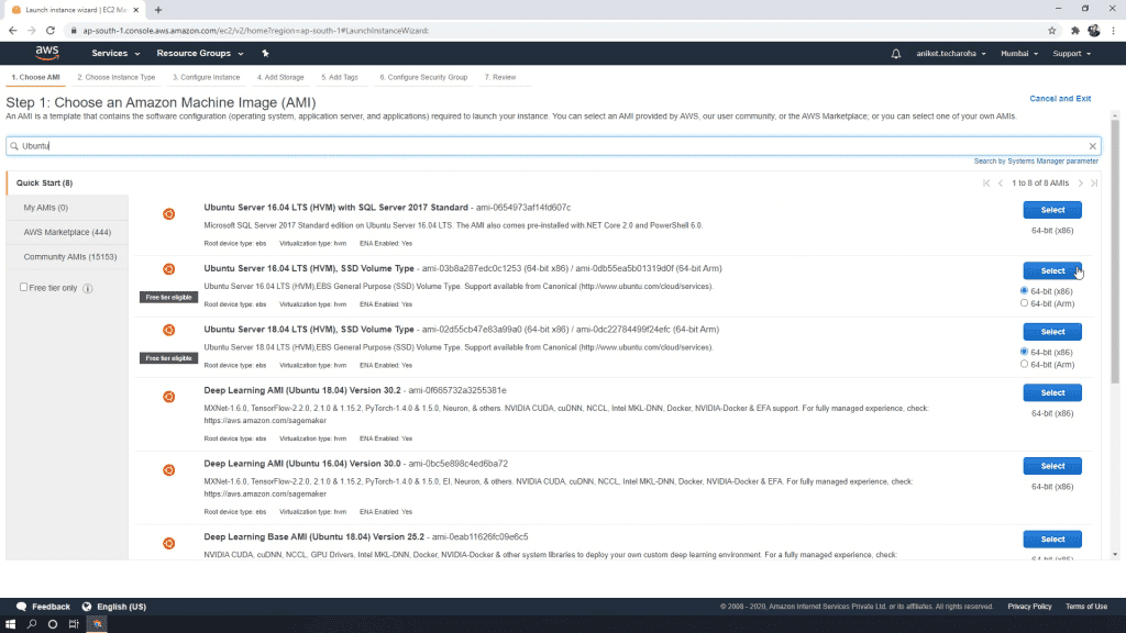 AWS ec2 setup - Choose AMI