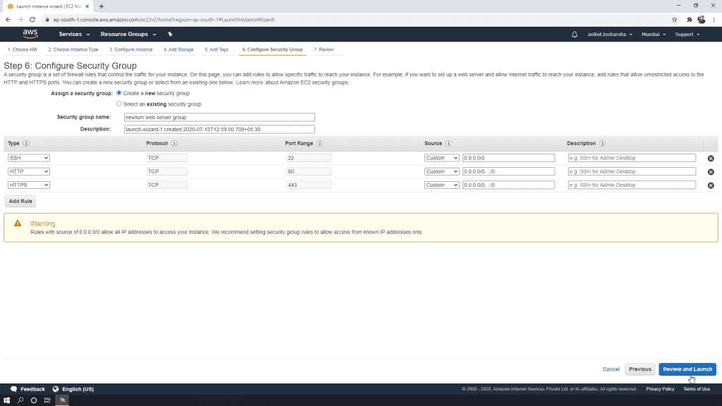 Configuring Security Groups AWS EC2