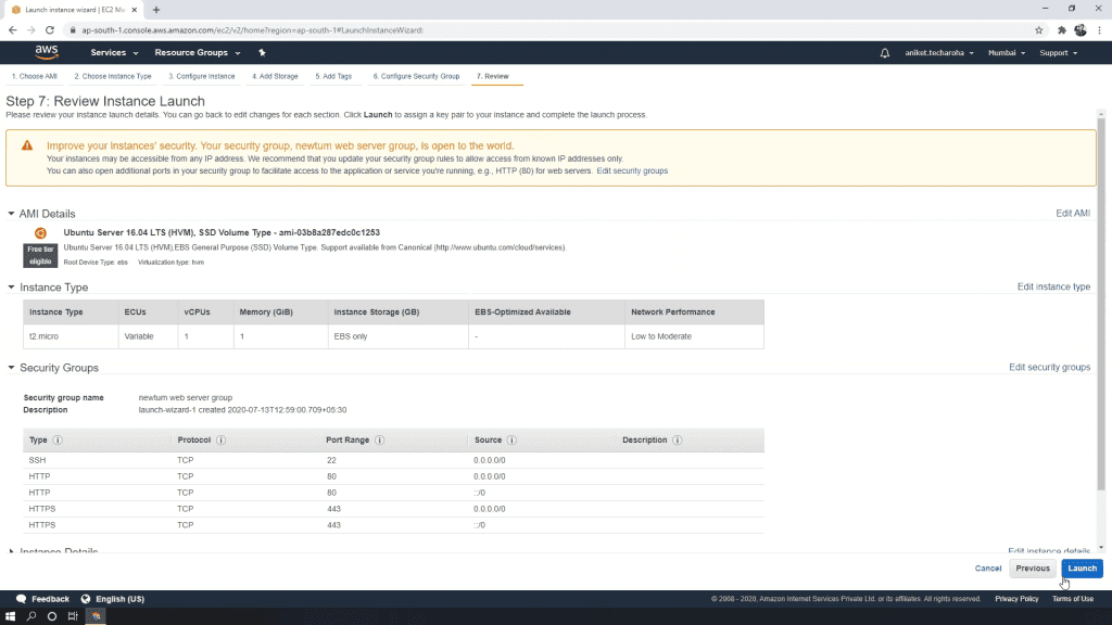 Final review to launch the instance