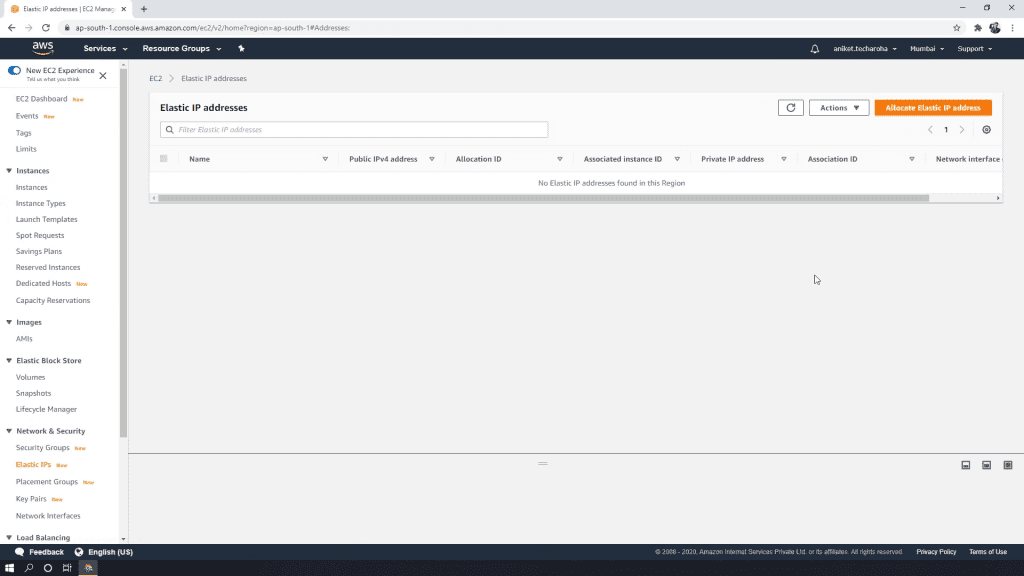 Go to Elastic IP menu of AWS