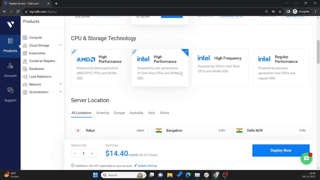 Vultr CPU & Storage technology section