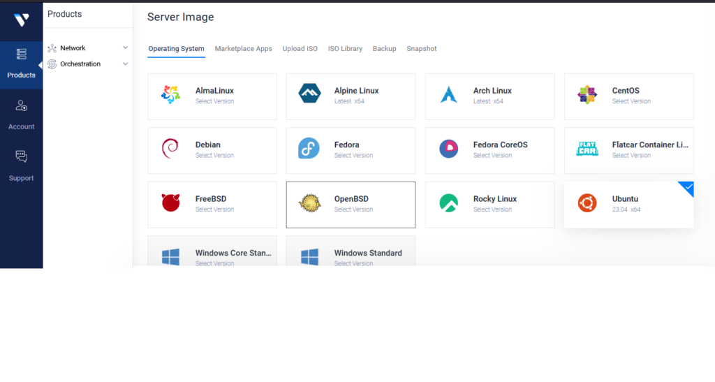 Vultr Operating System Selection Section