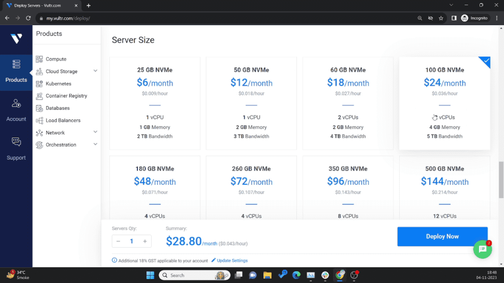 Vultr Server Size Selection Section