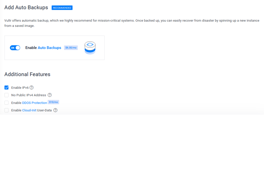 Vultr Auto Backup Section
