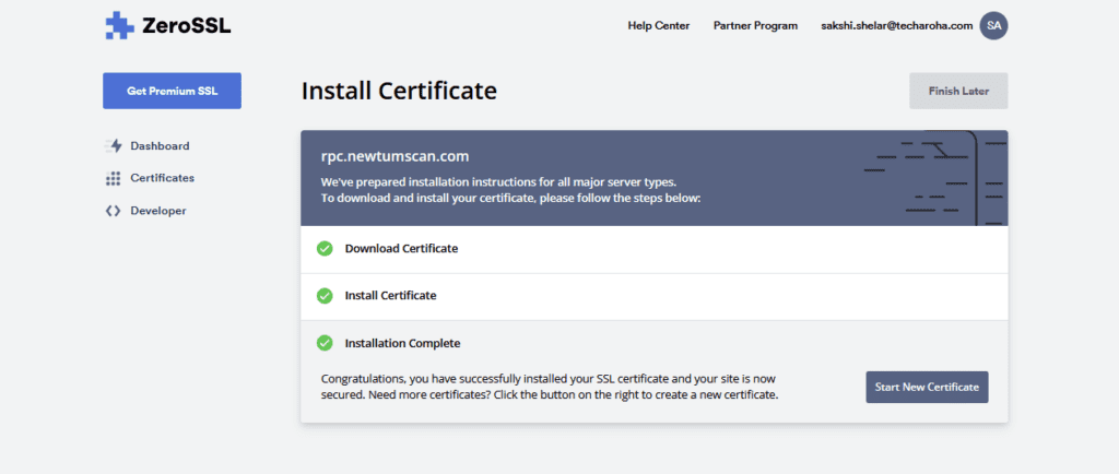 ZeroSSL installation Successful