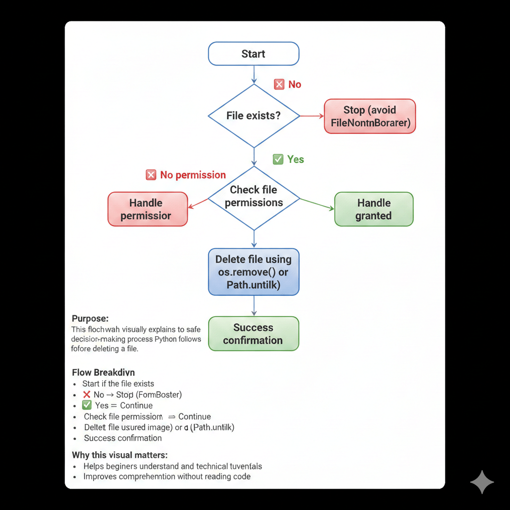 Flowchart showing how Python checks file existence and permissions before deleting a file
