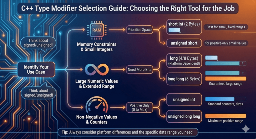 Range chart comparing signed and unsigned type modifiers in C++