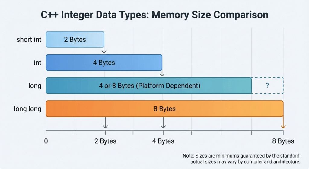 Memory size comparison of type modifiers in C++ showing short, int, long, and long long
