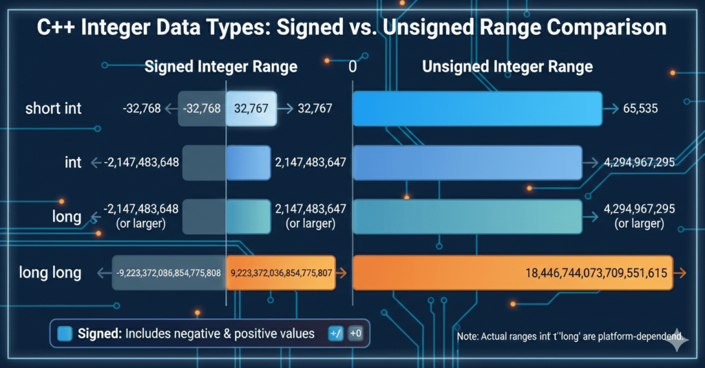 Range chart comparing signed and unsigned type modifiers in C++