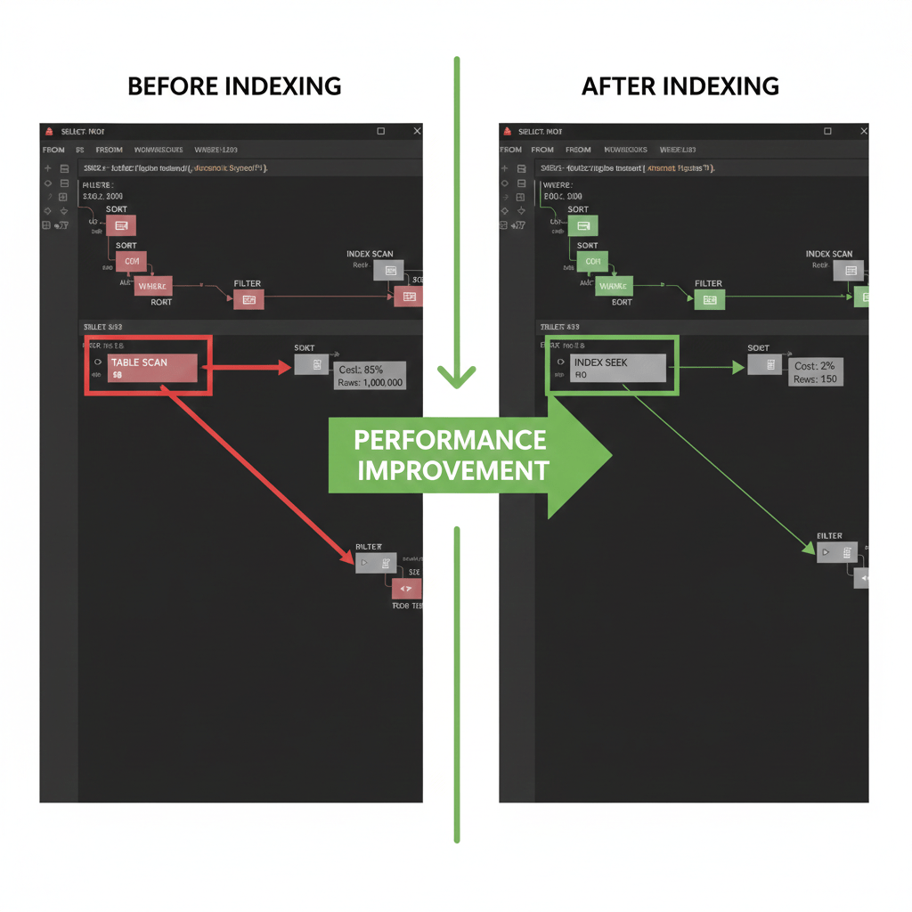 Example of a SQL execution plan highlighting a full table scan operation and how it changes after applying proper indexing.