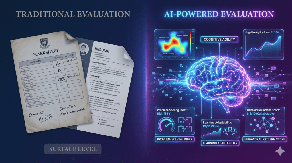 AI assessment tools analyzing cognitive abilities compared to traditional marksheets and resumes