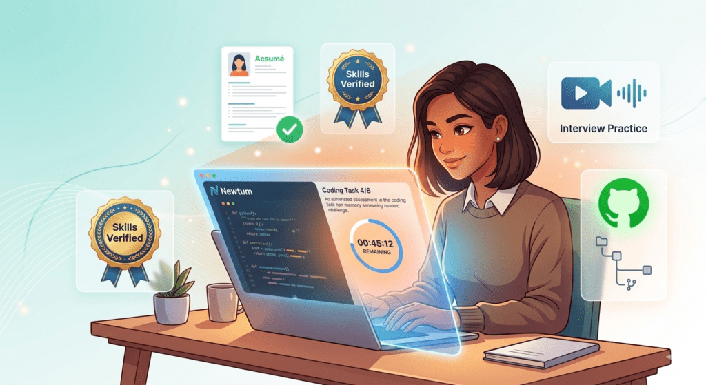 Fresher preparing for AI hiring process assessments on laptop with skill icons like resume, certificate, and coding challenge
