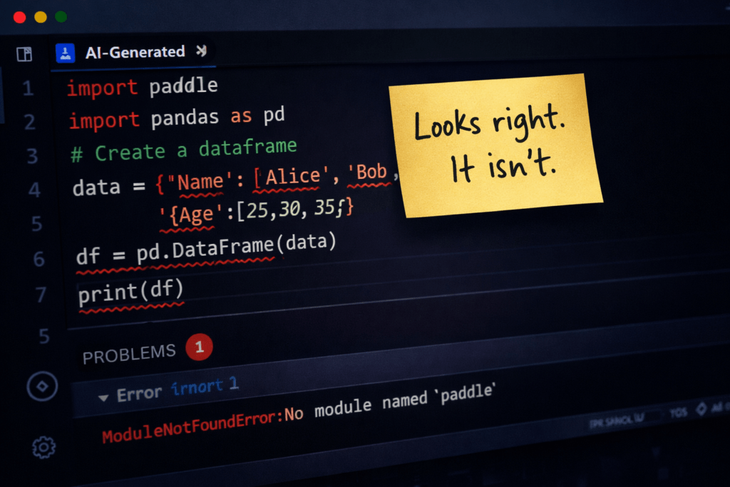 Close-up of a dark-themed VS Code Python editor showing AI-generated code with multiple red error underlines and a ModuleNotFoundError in the terminal, with a sticky note reading “Looks right. It isn’t.”