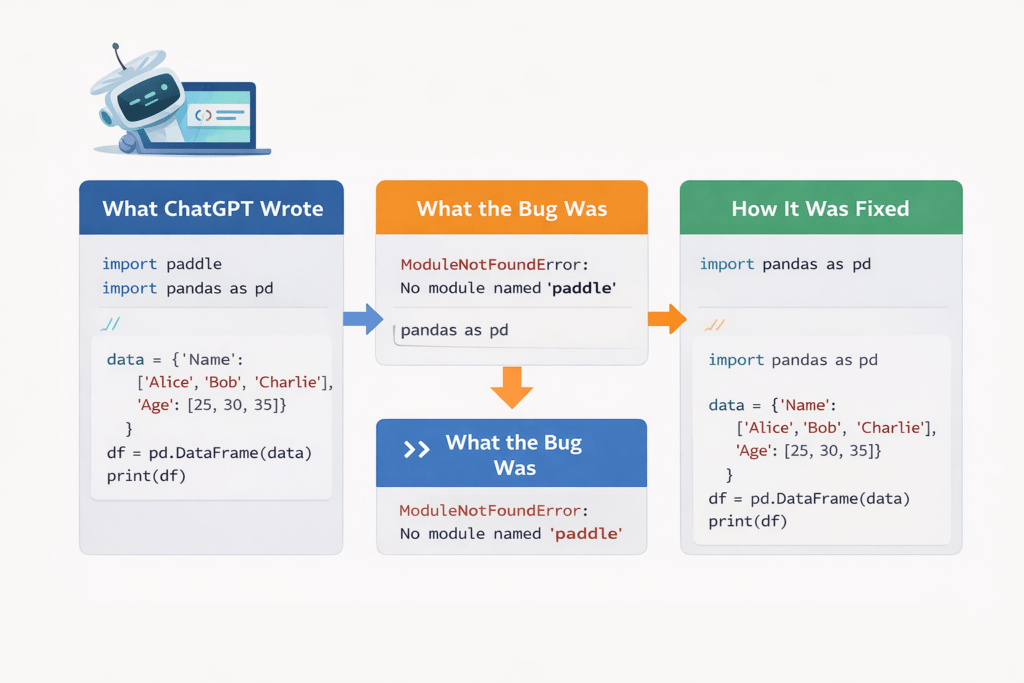 Infographic comparing “What ChatGPT Wrote,” “What the Bug Was,” and “How It Was Fixed,” featuring Python code snippets with color-coded arrows on a clean white background with blue and orange accents.