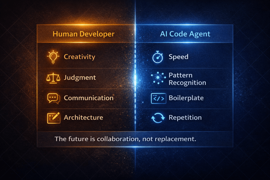 A split comparison infographic on a dark charcoal background. The left panel in warm amber tones lists human developer strengths — architecture, judgment, communication. The right panel in electric blue lists AI agent strengths — speed, pattern recognition, repetitive logic. A footer strip reads: "The future is collaboration, not replacement."