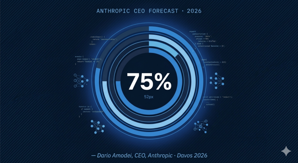 A circular HUD-style infographic on a dark navy background showing "75%" in large white text at the center, surrounded by electric blue ring charts, with a caption strip reading "Dario Amodei, CEO of Anthropic, Davos 2026 — AI may handle most software engineering tasks within 6 to 12 months.