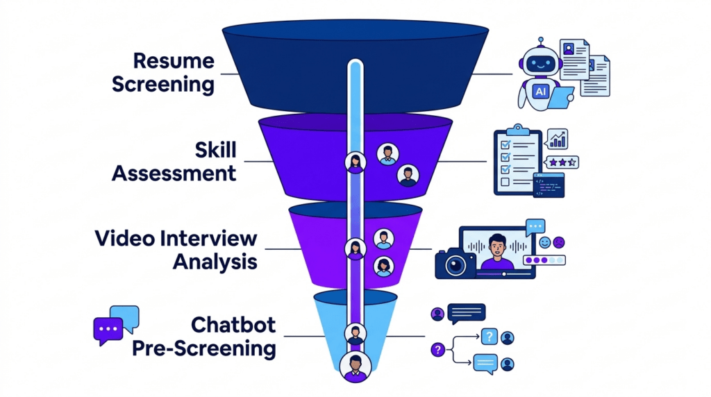 Infographic showing four stages of the AI hiring process funnel from resume screening to chatbot pre-screening