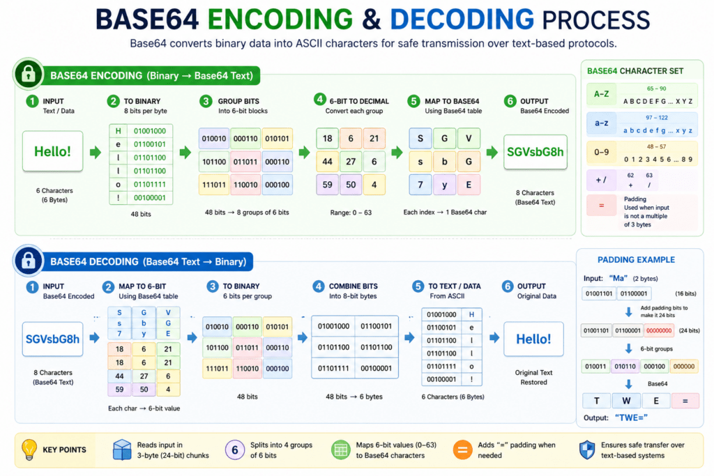 Base64 encoding process diagram showing string converted to binary and Base64 output
