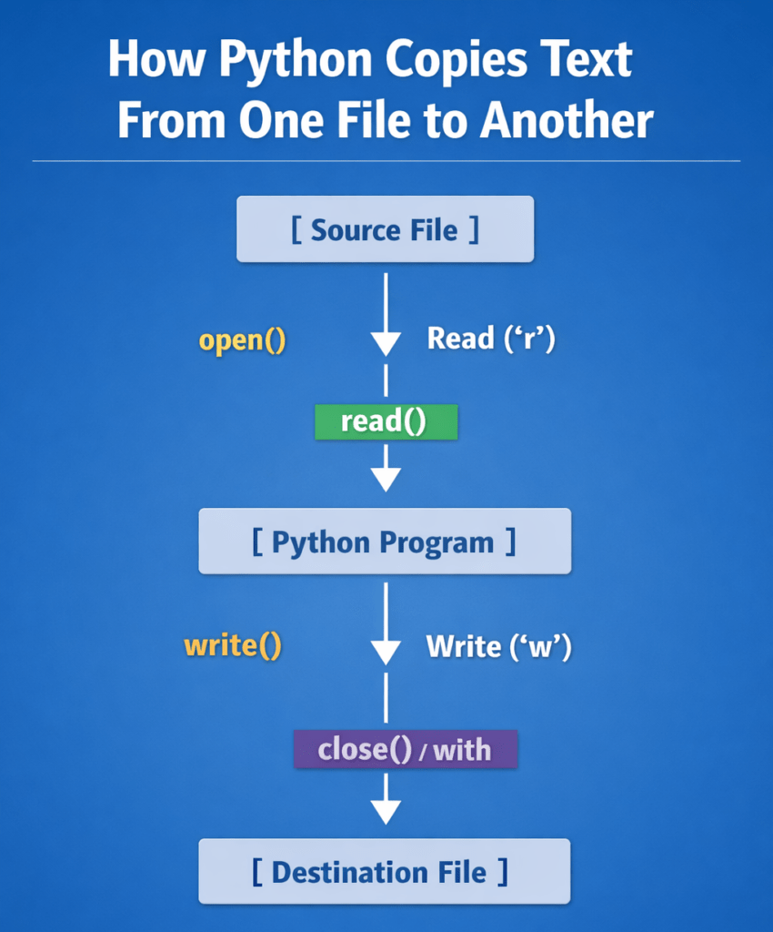 diagram showing how python copies text from one file to another using read and write operations