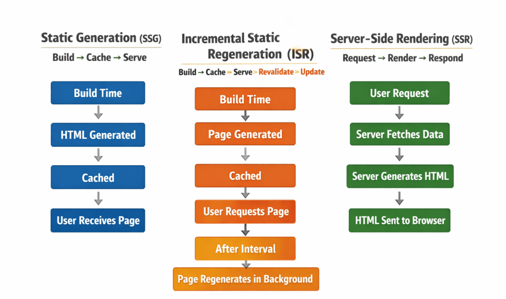 SSR vs ISR vs Static Generation in Next.js rendering methods diagram