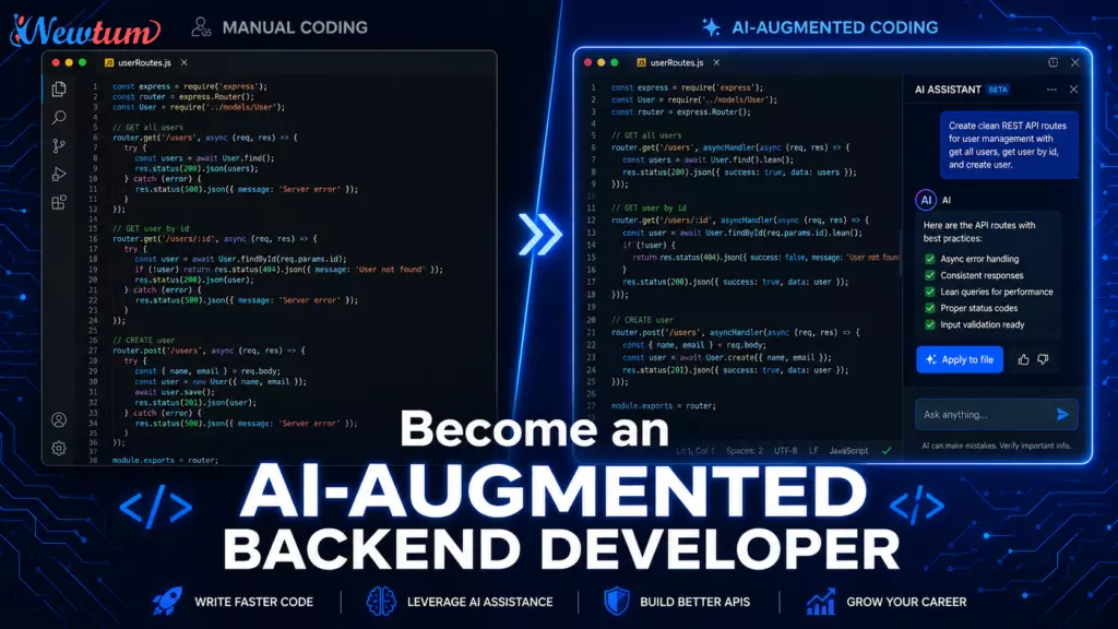 Split-screen illustration showing traditional backend coding beside AI-assisted API development in a futuristic dark-themed code editor setup.