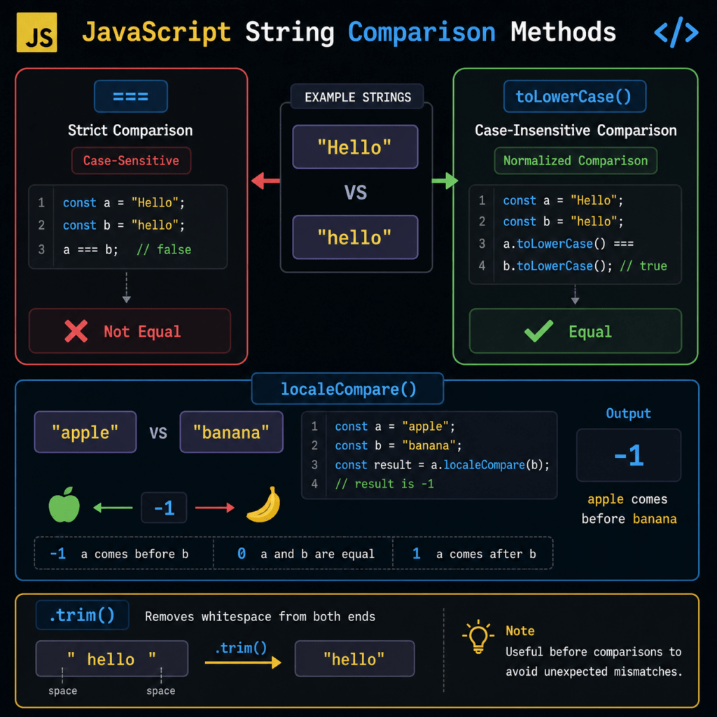 JavaScript string comparison methods cheat-sheet