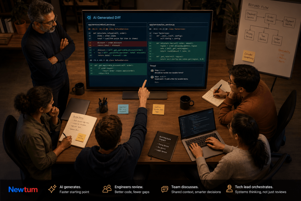 Engineering team reviewing AI-generated code together under tech lead guidance, illustrating team-level delivery as a core tech lead skill in the AI era.