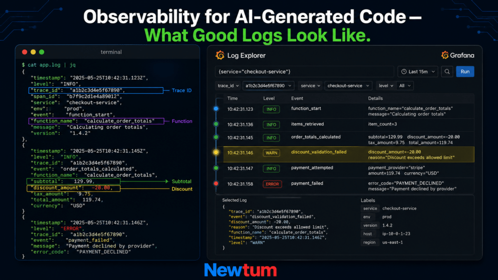 Split-screen showing structured JSON logs and a Grafana dashboard for observability in AI-generated code